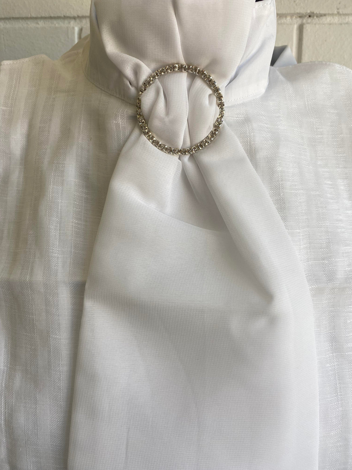 L SHARP Pre-Tied Bib Stock Tie White with Diamanté Ring