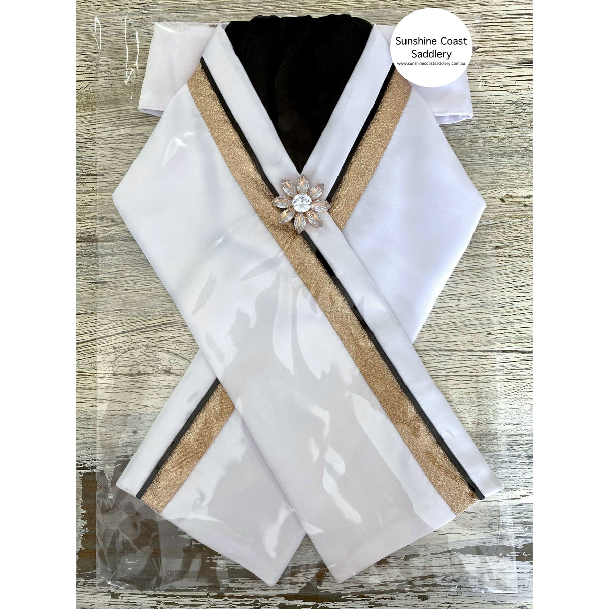L SHARP Pre-Tied Satin Stock Tie in White with Black and Rose Gold