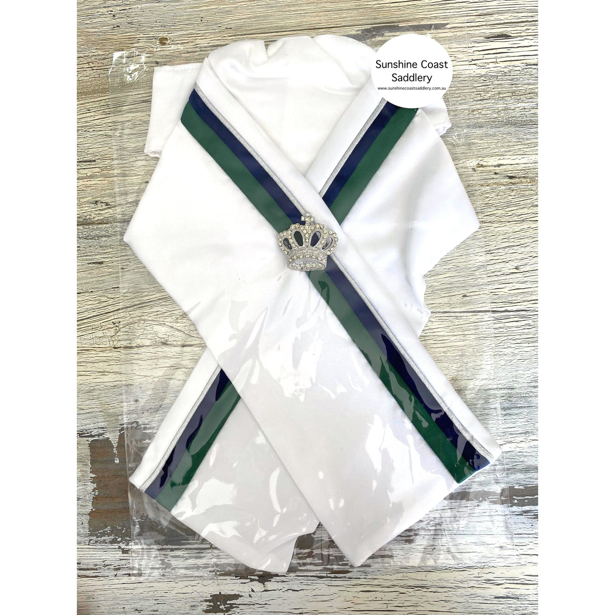 L SHARP Pre-Tied Satin Stock Tie in White with Navy Green Crown