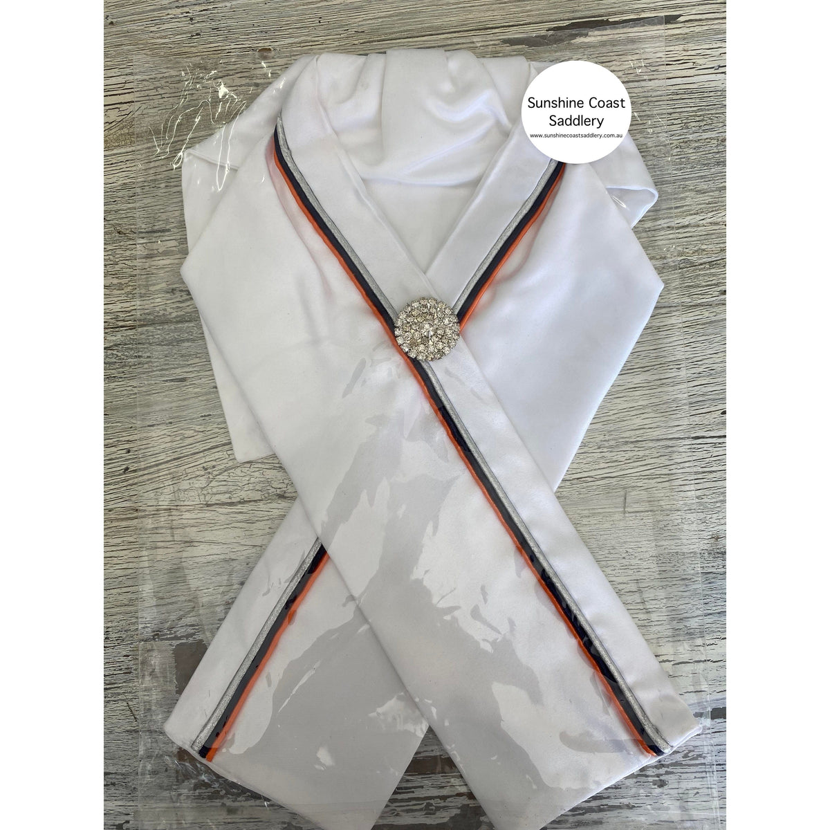 L SHARP Pre-Tied Satin Stock Tie in White with Orange Navy Silver Piping